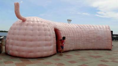 Vista de tamaño gigante de una reproducción de un colon humano, en Asunción. La reproducción, fabricada en plástico e instalada en la Costanera de Asunción, frente a la bahía del río Paraguay, sirvió para concienciar a los paraguayos acerca de la prevención del cáncer colorrectal, el cuarto con mayor incidencia en el país. EFE