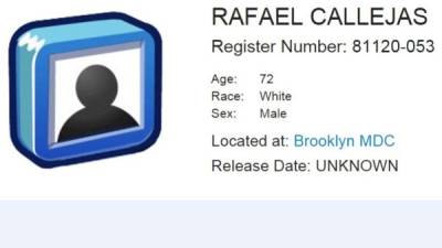 Esta es la ficha que identifica al expresidente de Honduras, Rafael Leonardo Callejas, en una cárcel de Brooklyn, Nueva York.