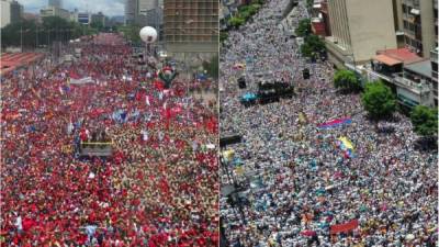 El presidente Nicolás Maduro en una tarima rodeado de simpatizantes en la avenida Bolivar. En otra zona de Caracas, los opositores demostraron su capacidad de convocatoria. Fotos: AFP