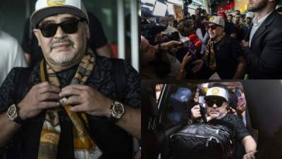 El argentino Diego Armando Maradona llegó este sábado de buen ánimo a la Ciudad de México, su primera escala en el país, donde dirigirá a partir del próximo lunes a los Dorados de Sinaloa. FOTOS AFP Y DORADOS DE SINALOA.