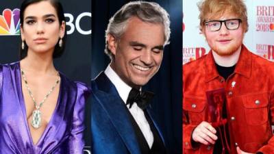 Collage de fotos de Dua Lipa, Andrea Bocelli y Ed Sheeran.