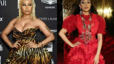 Nicki Minaj (i) y Cardi B (d) a su llegada a la fiesta de la revista Harper's Bazar. AFP