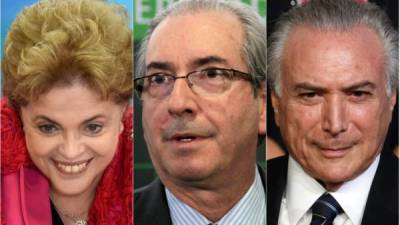 La presidenta Dilma Rousseff lucha para evitar el juicio político; el vicepresidente Michel Temer maniobra por solicitud de impeachment en su contra; y el presidente de la Cámara Baja, Eduardo Cunha, es acusado de aceptar sobornos.