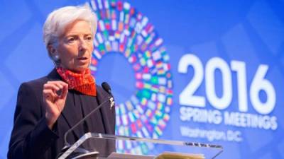 Christine Lagarde, directora gerente del FMI durante la reunión de los organismos financieros celebrada hoy en Washington.