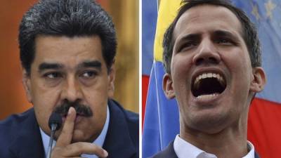 (FILES) This file combination of pictures created on February 5, 2019 shows Venezuelan President Nicolas Maduro gesturing during a press conference at Miraflores Presidential Palace in Caracas, on January 9, 2019 and Venezuela's National Assembly head Juan Guaido addressing the crowd during a mass opposition rally in Caracas on January 23, 2019. - A new Venezuelan parliament will be sworn in on January 5, 2021 with the party of President Nicolas Maduro now in almost complete control and the main thorn in his side, Western-backed opposition leader Juan Guaido, out in the political cold. (Photo by STF / AFP)