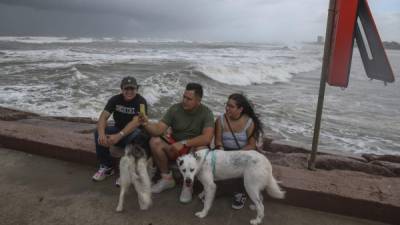 GALVESTON, TX - AUGUST 26: (L-R) Jesus Tavoada , Miguel Tavoada and Daisy Campos and their dogs Polo and Dali sit on the 61st Street fishing pier as they watch waves from Hurricane Laura roll in on August 25, 2020 in Galveston, Texas. Laura rapidly strengthened to a Category 4 hurricane during the day, prompting the National Hurricane Center to describe the accompanying storm surge as 'unsurvivable' and noted that it could penetrate up to 30 miles inland from the immediate coastline. Thomas B. Shea/Getty Images/AFP== FOR NEWSPAPERS, INTERNET, TELCOS & TELEVISION USE ONLY ==