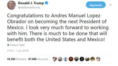 Trump felicita a López Obrador por su victoria y promete 'trabajar con él'.