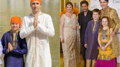 El primer ministro canadiense, Justin Trudeau y su familia, posaron con los atuendos tradicionales en los monumentos más turísticos de India. //AFP.