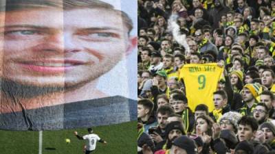 El Nantes de Francia, le rindió homenaje este domingo a su goleador Emiliano Sala, fallecido en un accidente de avión, mostrando un tifo con el dorsal 9 en las tribunas del estadio la Beaujoire. FOTOS AFP.