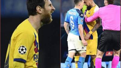 Mira las imágenes más curiosas del empate 1-1 entre Napoli y Barcelona correspondiente a la ida de octavos de la Uefa Champions League. Messi fue perdonado, Arturo Vidal fue expulsado. Fotos EFE y AFP.