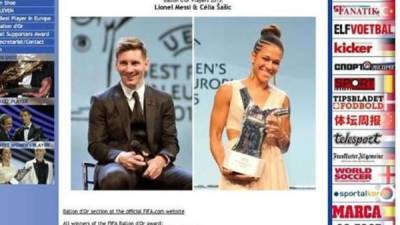 La imagen que da a Lionel Messi y Celia Sasic como ganadores del Balón de Oro 2015.