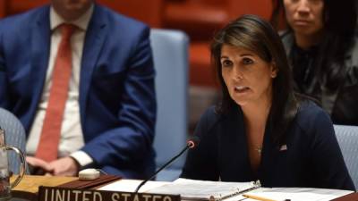 Embajadora estadounidense ante la ONU, Nikki Haley, durante el debate sobre el proceso de paz en colombia celebrado por el Consejo de Seguridad de Naciones Unidas,