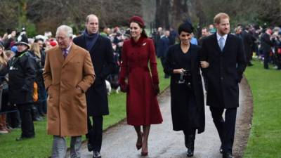 (I-D) El príncipe Carlos, los duques de Cambridge, William y Kate, y los duques de Sussex Meghan y Harry. Paul ELLIS / AFP.