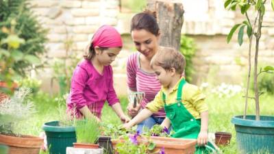Young mother gardening in front or back yard with her two cute little children