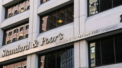 New York City, USA - May 19, 2014: The headquarter of the american financial company Standard and Poors?? in Lower manhattan. The picture shows the logo and the front of the building