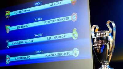 Una pantalla muestra los emparejamientos de los equipos tras el sorteo de los cuartos de final de la Champions League. Foto EFE