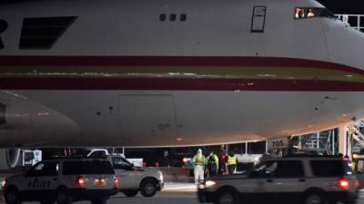 ANCHORAGE, AK - JANUARY 28: A Boeing 747-4B5(F), on a charter flight from Wuhan, China, arrives at Ted Stevens Anchorage International Airport on January 28, 2020 in Anchorage, Alaska. The U.S. government chartered the plane to evacuate U.S. citizens and diplomats from the U.S. consulate in Wuhan, China where the coronavirus outbreak began. Lance King/Getty Images/AFP== FOR NEWSPAPERS, INTERNET, TELCOS & TELEVISION USE ONLY ==