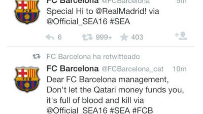 Los tuits fueron borrados inmediatamente de las cuentas del Barcelona.