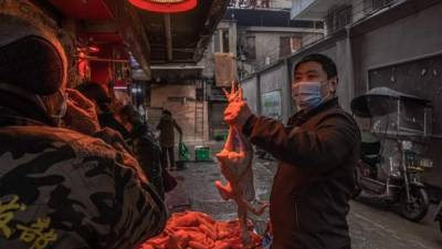 Un hombre con una mascarilla escoge un pollo en el mercado callejero de Wuhan, China, donde se supone apareció el covid-19 en diciembre de 2019.