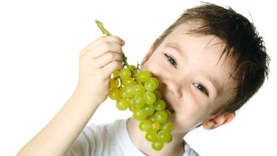 Healthy eating concept with child eating grapes isolated on white