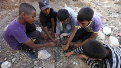 Varios niños palestinos recogen balas pertenecientes a armas de soldados israelíes, para luego venderlas como chatarra en un mercado, en la ciudad cisjordana de Hebrón. EFE/Archivo