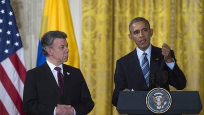 El presidente colombiano Juan Manuel Santos junto a su homólogo estadounidense Barack Obama.