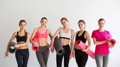 Group after aerobics class. Fitness, yoga, exercise.