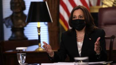 WASHINGTON, DC - APRIL 14: U.S. Vice President Kamala Harris participates in a virtual roundtable with experts on the southern border crisis at the Vice Presidents Ceremonial Office at Eisenhower Executive Office Building of the White House on April 14, 2021 in Washington, DC. Vice President Harris convened the meeting to discuss assessments and recommendations for the immigration crisis in the region. Alex Wong/Getty Images/AFP (Photo by ALEX WONG / GETTY IMAGES NORTH AMERICA / Getty Images via AFP)