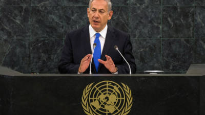 NEW YORK, NY - OCTOBER 01: Israeli Prime Minister Benjamin Netanyahu speaks at the 68th United Nations General Assembly on October 1, 2013 in New York City. Over 120 prime ministers, presidents and monarchs are gathering for the annual meeting at the temporary General Assembly Hall at the U.N. headquarters while the General Assembly Building is closed for renovations. Andrew Burton/Getty Images/AFP== FOR NEWSPAPERS, INTERNET, TELCOS & TELEVISION USE ONLY ==