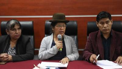 La presidenta del Tribunal Supremo Electoral, María Eugenia Choque (c), participa en una conferencia de prensa hoy, viernes en La Paz. EFE/Martín Alipaz