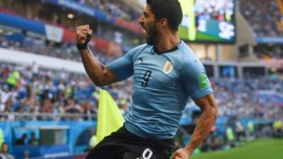 Luis Suárez celebra su primera anotación en Rusia 2018. Uruguay gana 1-0 a Arabia Saudita. Foto AFP