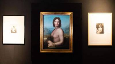 La obra 'La Gioconda desnuda', atribuida a Leonardo Da Vinci, expuesta en la muestra 'Leonardo Vive' en el Museo Ideale di Vinci, este jueves, en Vinci, Florencia, Italia. EFE