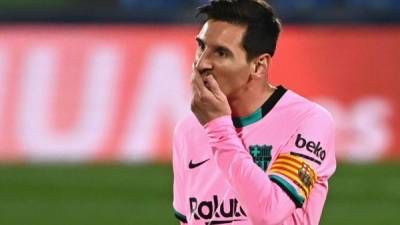 Barcelona's Argentine forward Lionel Messi gestures during the Spanish League football match between Getafe and Barcelona at the Coliseum Alfonso Perez stadium in Getafe, south of Madrid, on October 17, 2020. (Photo by GABRIEL BOUYS / AFP)