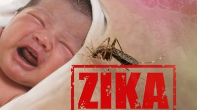 Health issue concept, image of crying baby bitten by Aedes Aegypti mosquito as Zika Virus carrier