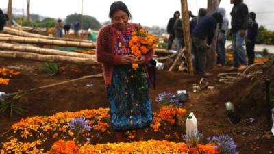 Una mujer adorna la tumba de un familiar antes de que se icen los barriletes gigantes durante la conmemoración de Día de Muertos hoy, miércoles 1 de noviembre de 2017. EFE/Esteban Biba