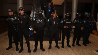 Policías resguardan una de las entradas al Congreso Nacional.
