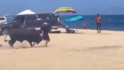 Video: Toro embiste a una mujer en una playa de México