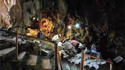 Imagen facilitada por el Okinawa Prefectural Museum & Art Museum de los trabajos arqueológicos llevados a cabo en la cueva en la isla de Okinawa, en el sudoeste del archipiélago japonés, donde ha sido encontrado un anzuelo de hace 23.000 años, considerado el más antiguo del mundo. EFE