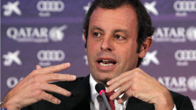 Sandro Rosell, presidente del Barcelona, en la conferencia de prensa de este lunes.