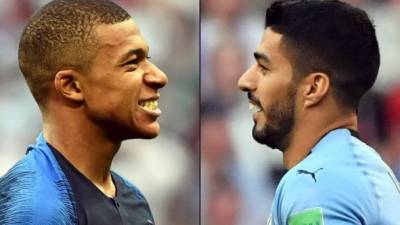 Mbappé y Luis Suárez, los goleadores de Francia y Uruguay. Foto AFP