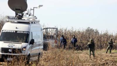 Miembros de la Policía Federal y soldados registran la escena del accidente de helicóptero en el que murió la gobernadora de Puebla, su esposo y tres personas más. Foto: AFP