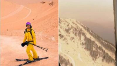 Las nevadas montañas de Sochi, en el sur de Rusia, se han teñido de naranja tras caer una nevada traída por un frente cargado de partículas de arenas del desierto del Sahara, en el norte de África.