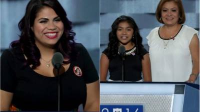La joven inmigrante Astrid Silva y la niña hija de padres indocumentados, Karla Ortiz junto a su madre, brindaron discursos en la convención.