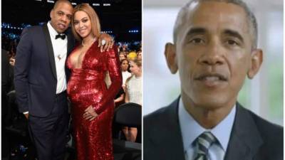Beyonce y Jay Z en un evento. Barack Obama en el video.