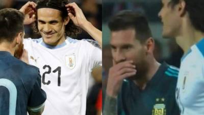 Lionel Messi y Edinson Cavani protagonizaron un momento tenso en el duelo amistoso que disputaron las selecciones de Argentina y Uruguay que finalizó empatado 2-2. Ambos llegaron inclusive a retarse a pelear. Fotos AFP .
