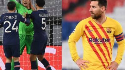 Keylor Navas fue felicitado por sus compañeros del PSG tras detenerle el penal a Messi. Fotos AFP....