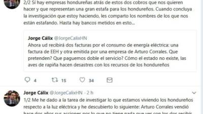 Jorge Cálix escribió en Twitter sobre la doble factura de energía.