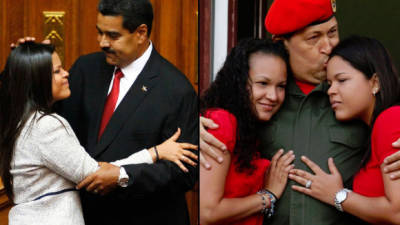 El presidente de Venezuela, NicolásMaduro junto a María Gabriela, hija de Chávez. En la otra imagen Hugo Chávez con sus dos hijas Rosa Virginia y María Gabriela.