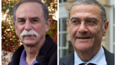 In this combination of photos made Tuesday, Oct. 9, 2012, American physicist David Wineland, left, poses at his home in Boulder, Colo., and French physicist Serge Haroche speaks to the media in Paris after they were named winners of the 2012 Nobel Prize in physics. The French-American duo shared the prize for experiments on quantum particles that have already resulted in ultra-precise clocks and may one day help lead to computers many times faster than those in use today. (AP Photo/Ed Andrieski, left; Michel Euler, right)