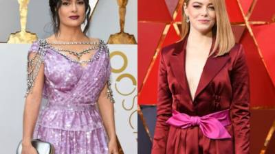 Salma Hayek y Emma Stone están entre las favoritas y no tan favoritas por sus elecciones para la ceremonia de los Óscar.Fotos AFP.